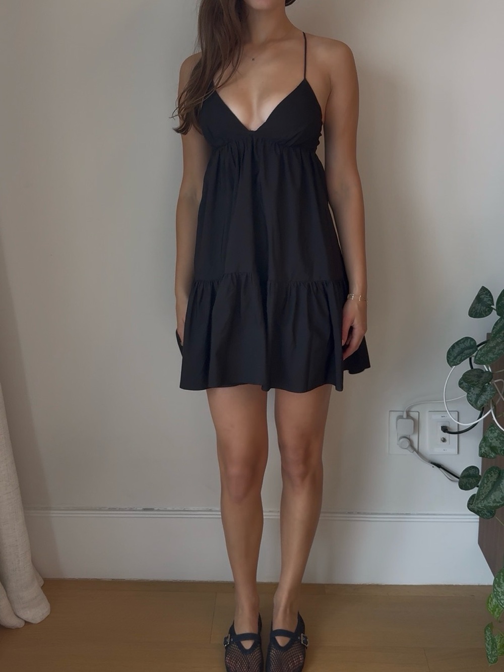 Black Spaghetti-Strap Tiered Mini Dress